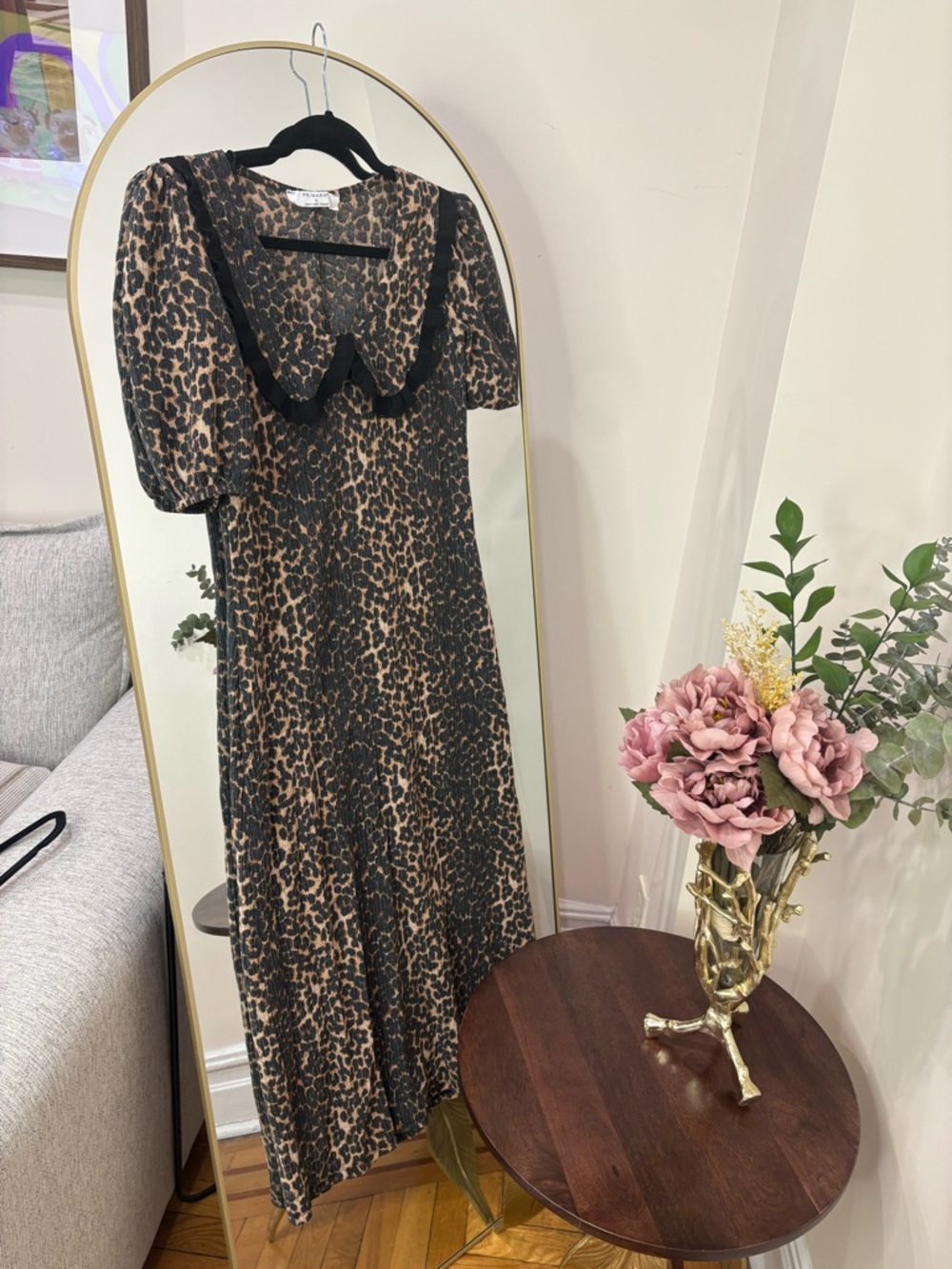 Leopard Print Midi Maxi Dress with Contrast Trim Collar